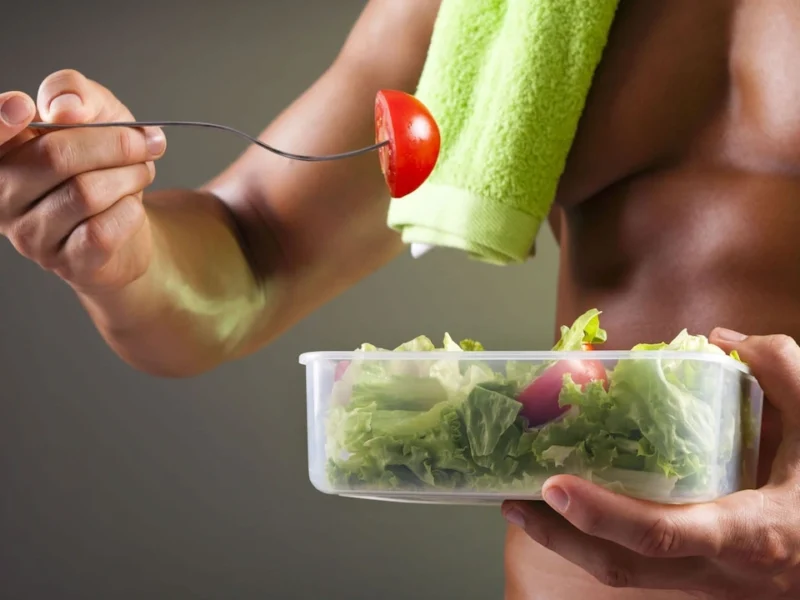 Hombre con dieta fitness comiendo ensalada
